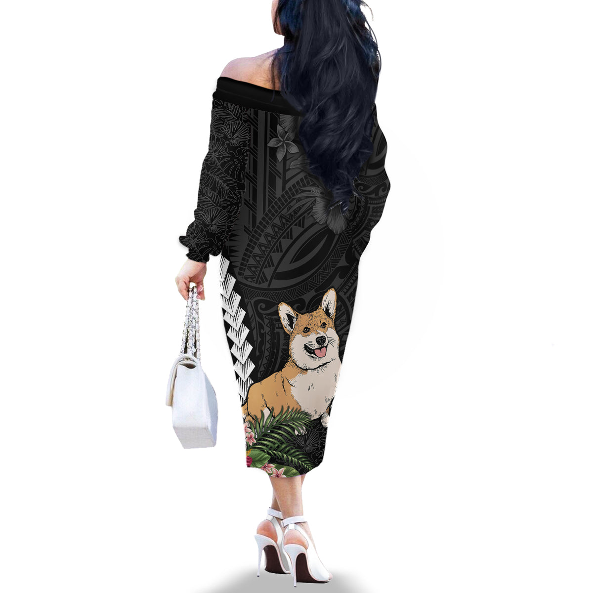 Personalised Polynesian Dog Off The Shoulder Long Sleeve Dress Corgi Mix Tropical Flowers - Wonder Print Shop