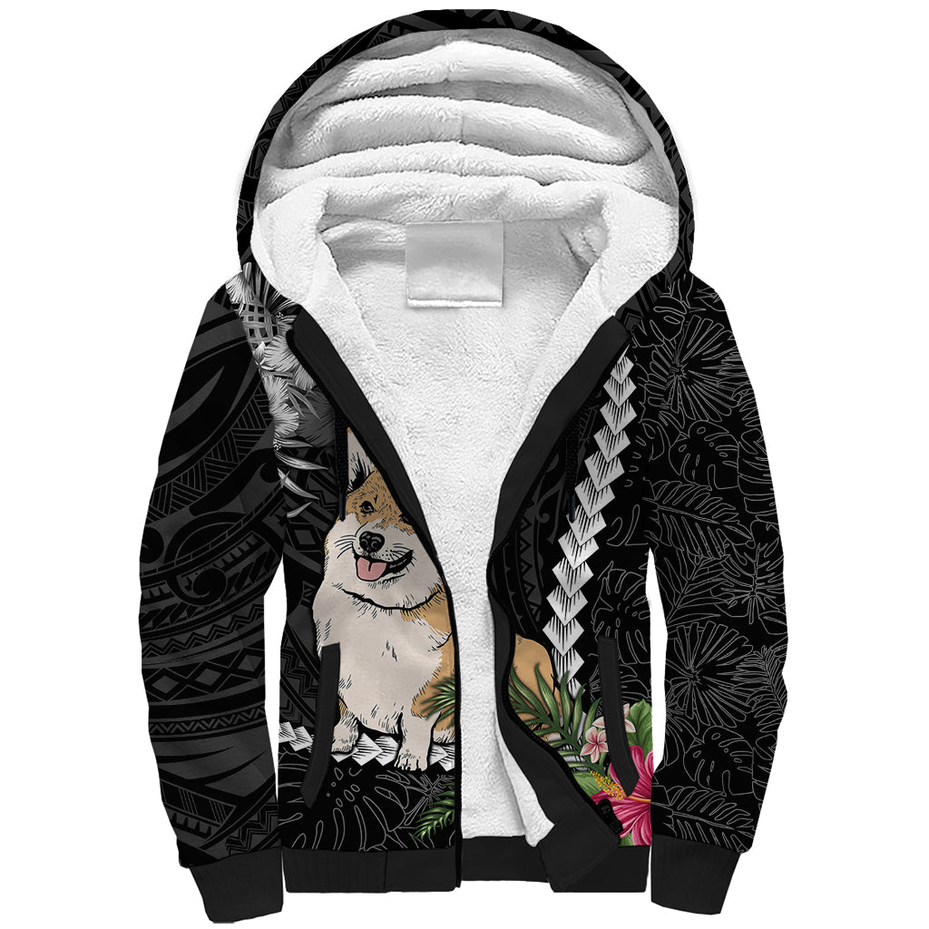 Personalised Polynesian Dog Sherpa Hoodie Corgi Mix Tropical Flowers - Wonder Print Shop