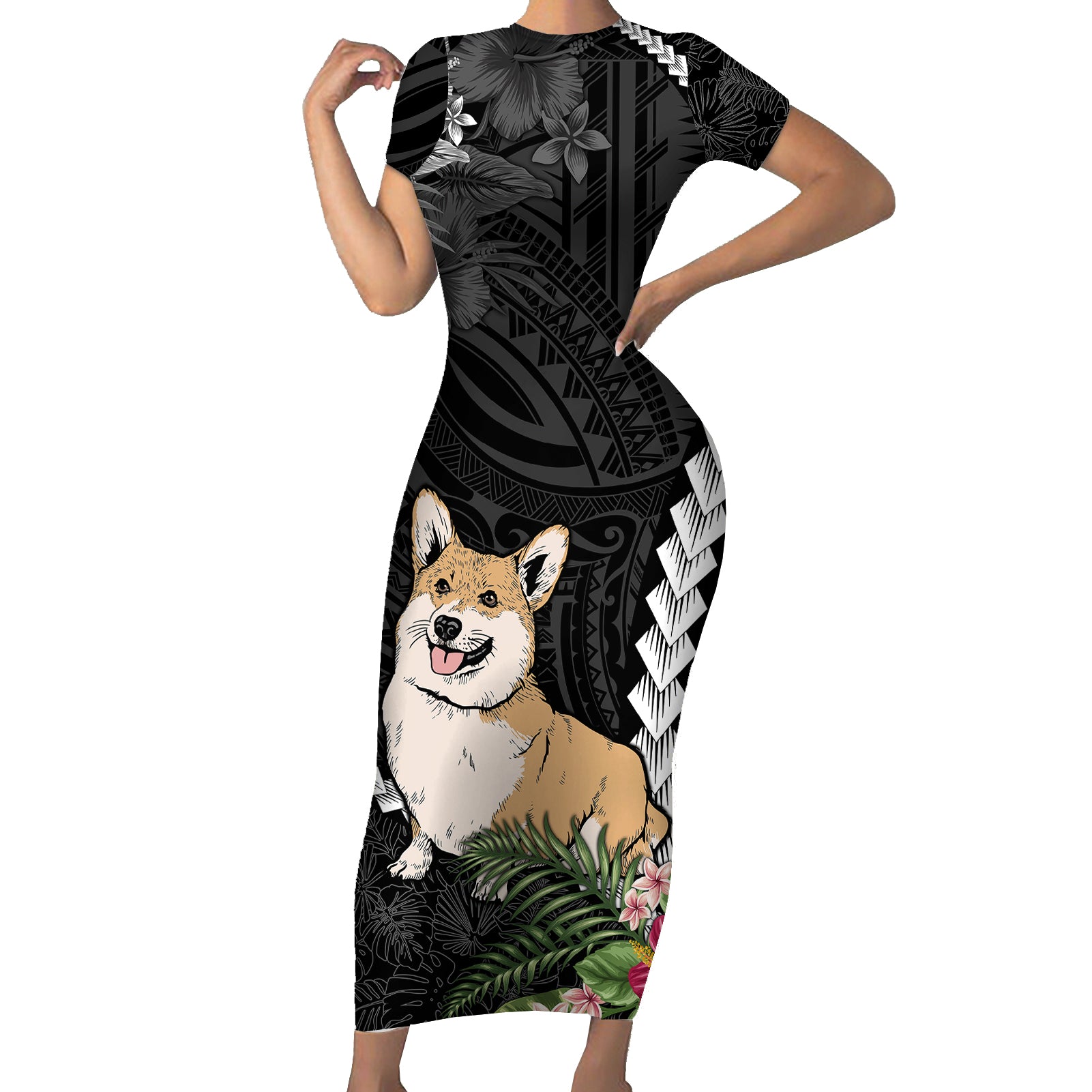 Personalised Polynesian Dog Short Sleeve Bodycon Dress Corgi Mix Tropical Flowers - Wonder Print Shop