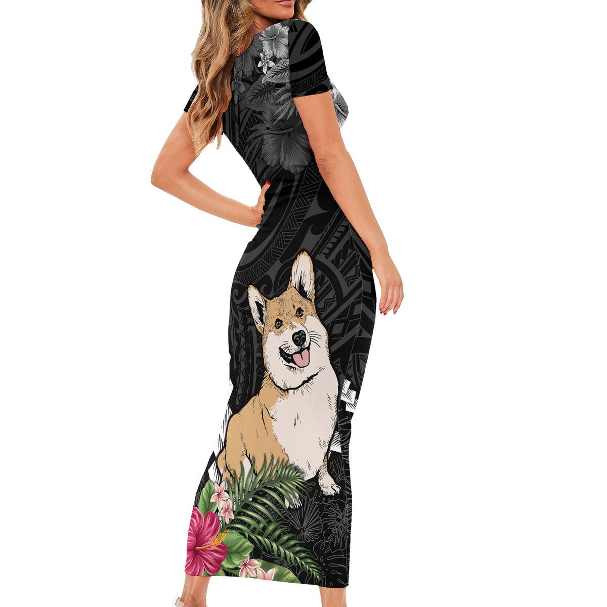 Personalised Polynesian Dog Short Sleeve Bodycon Dress Corgi Mix Tropical Flowers - Wonder Print Shop