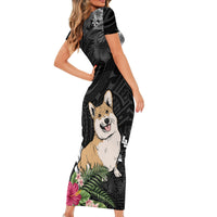 Personalised Polynesian Dog Short Sleeve Bodycon Dress Corgi Mix Tropical Flowers - Wonder Print Shop