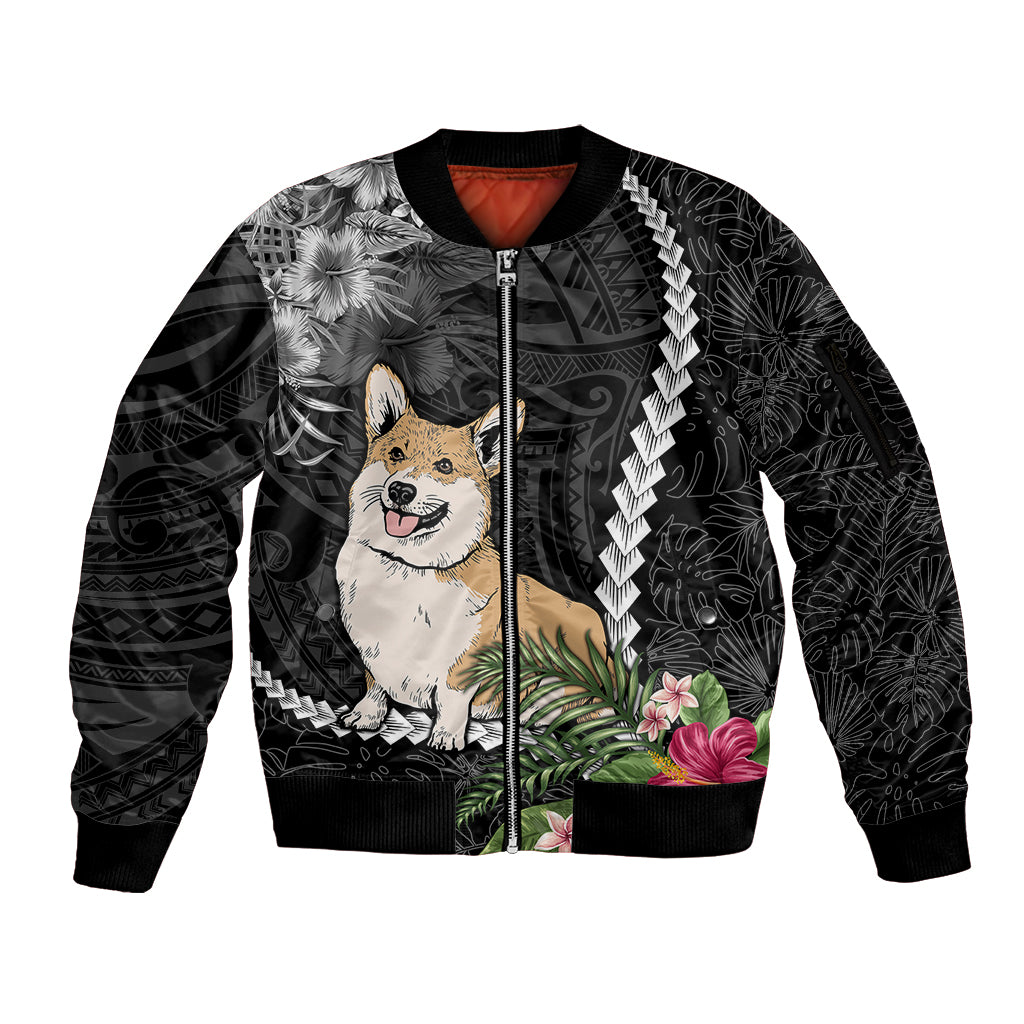 Personalised Polynesian Dog Sleeve Zip Bomber Jacket Corgi Mix Tropical Flowers - Wonder Print Shop