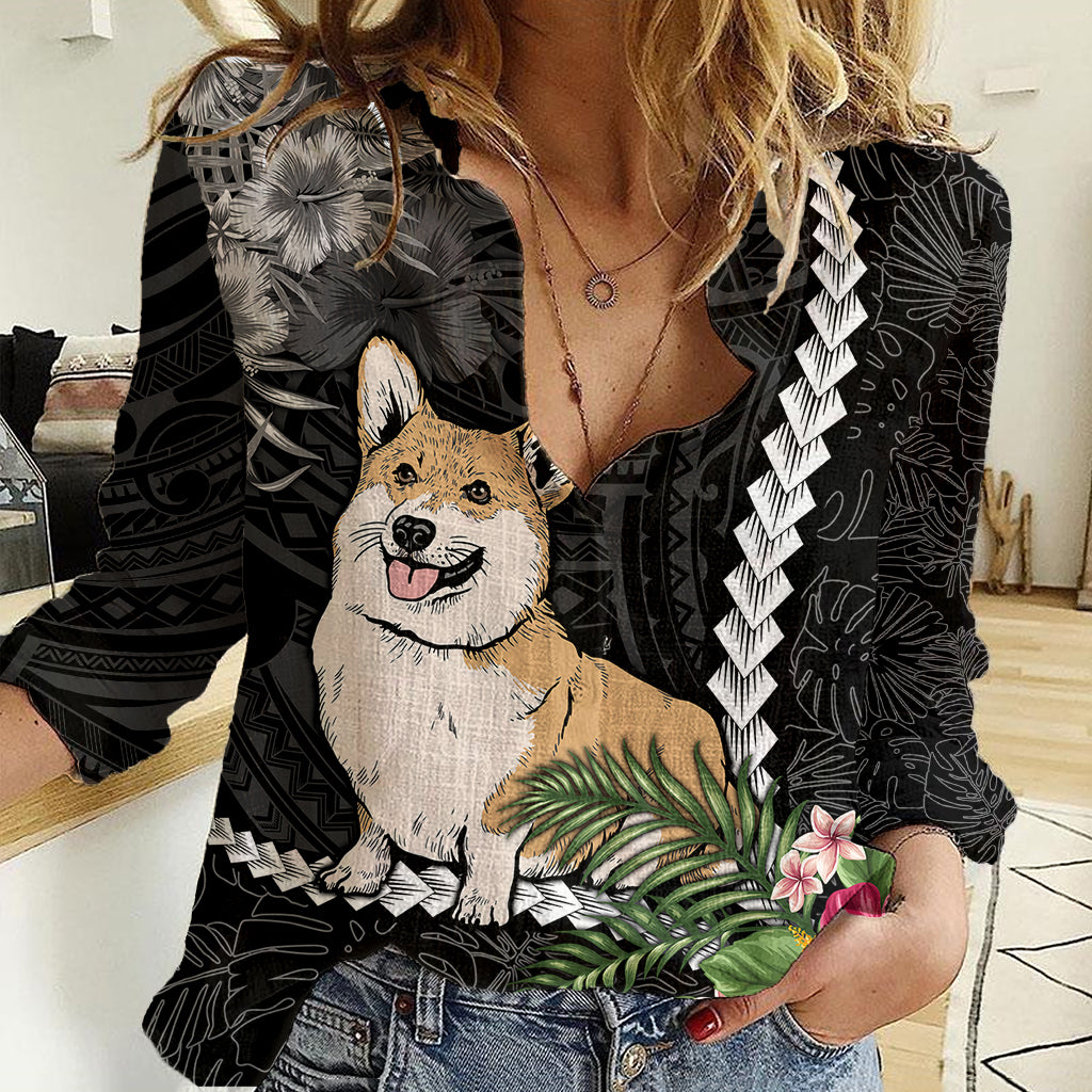 Personalised Polynesian Dog Women Casual Shirt Corgi Mix Tropical Flowers - Wonder Print Shop