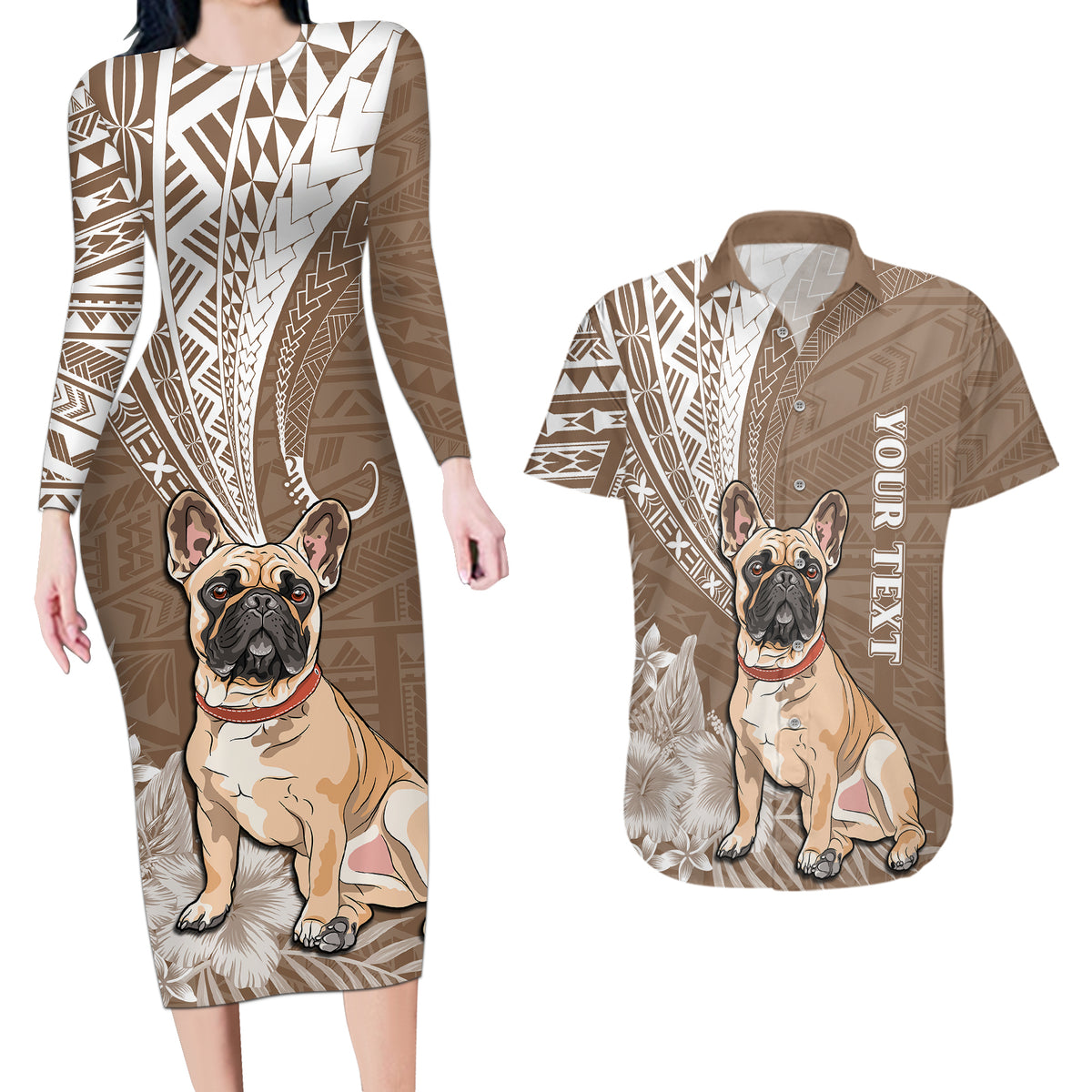 Personalised Polynesian Pacific Bulldog Couples Matching Long Sleeve Bodycon Dress and Hawaiian Shirt With Brown Hawaii Tribal Tattoo Patterns LT7 - Wonder Print Shop