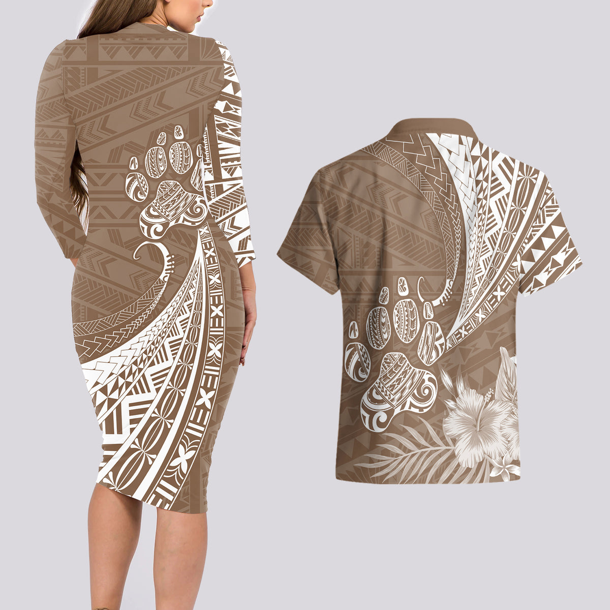 Personalised Polynesian Pacific Bulldog Couples Matching Long Sleeve Bodycon Dress and Hawaiian Shirt With Brown Hawaii Tribal Tattoo Patterns LT7 - Wonder Print Shop