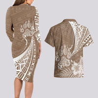Personalised Polynesian Pacific Bulldog Couples Matching Long Sleeve Bodycon Dress and Hawaiian Shirt With Brown Hawaii Tribal Tattoo Patterns LT7 - Wonder Print Shop