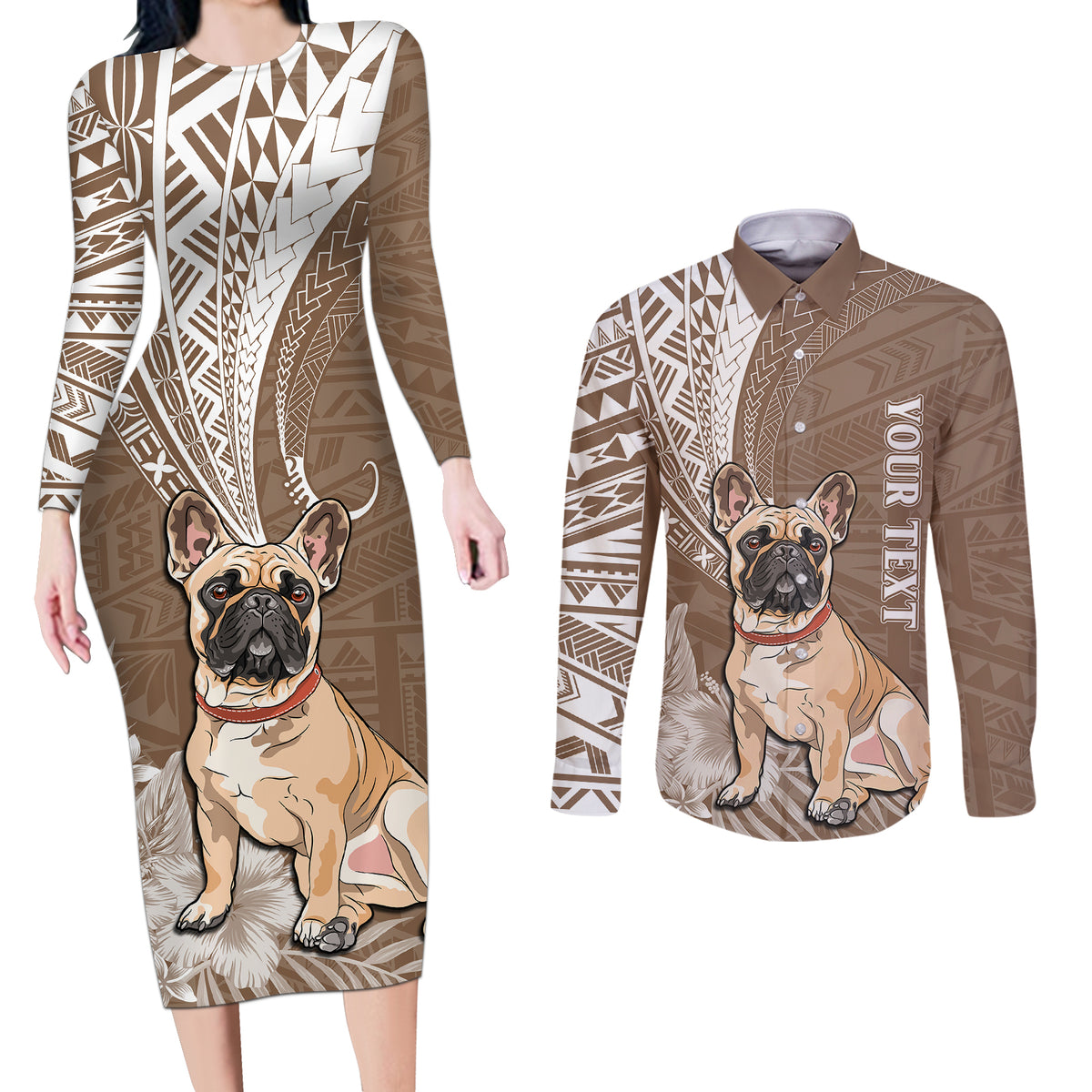Personalised Polynesian Pacific Bulldog Couples Matching Long Sleeve Bodycon Dress and Long Sleeve Button Shirts With Brown Hawaii Tribal Tattoo Patterns LT7 - Wonder Print Shop