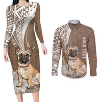 Personalised Polynesian Pacific Bulldog Couples Matching Long Sleeve Bodycon Dress and Long Sleeve Button Shirts With Brown Hawaii Tribal Tattoo Patterns LT7 - Wonder Print Shop