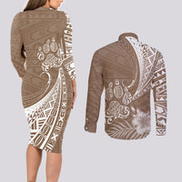 Personalised Polynesian Pacific Bulldog Couples Matching Long Sleeve Bodycon Dress and Long Sleeve Button Shirts With Brown Hawaii Tribal Tattoo Patterns LT7 - Wonder Print Shop