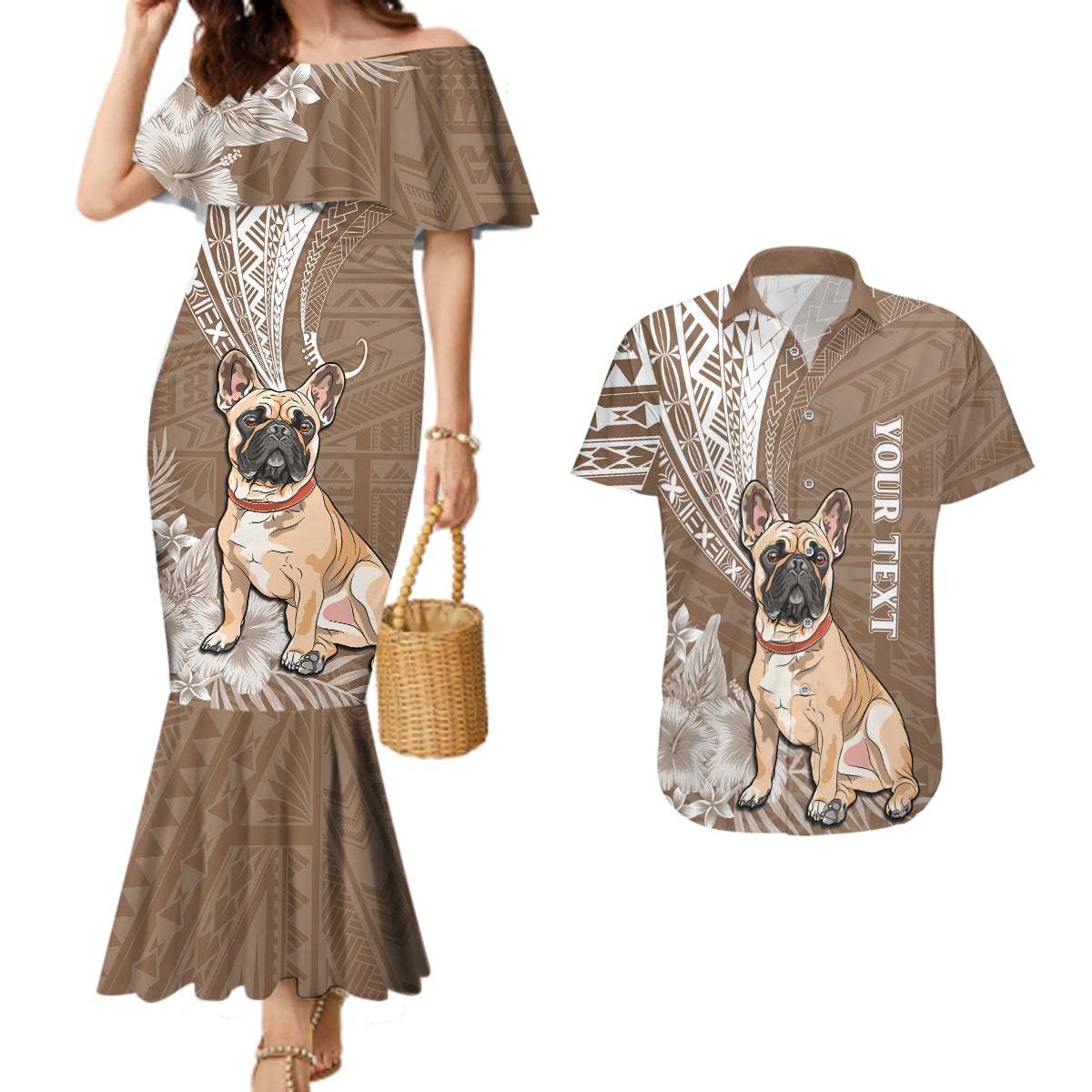 Personalised Polynesian Pacific Bulldog Couples Matching Mermaid Dress And Hawaiian Shirt With Brown Hawaii Tribal Tattoo Patterns LT7 - Wonder Print Shop