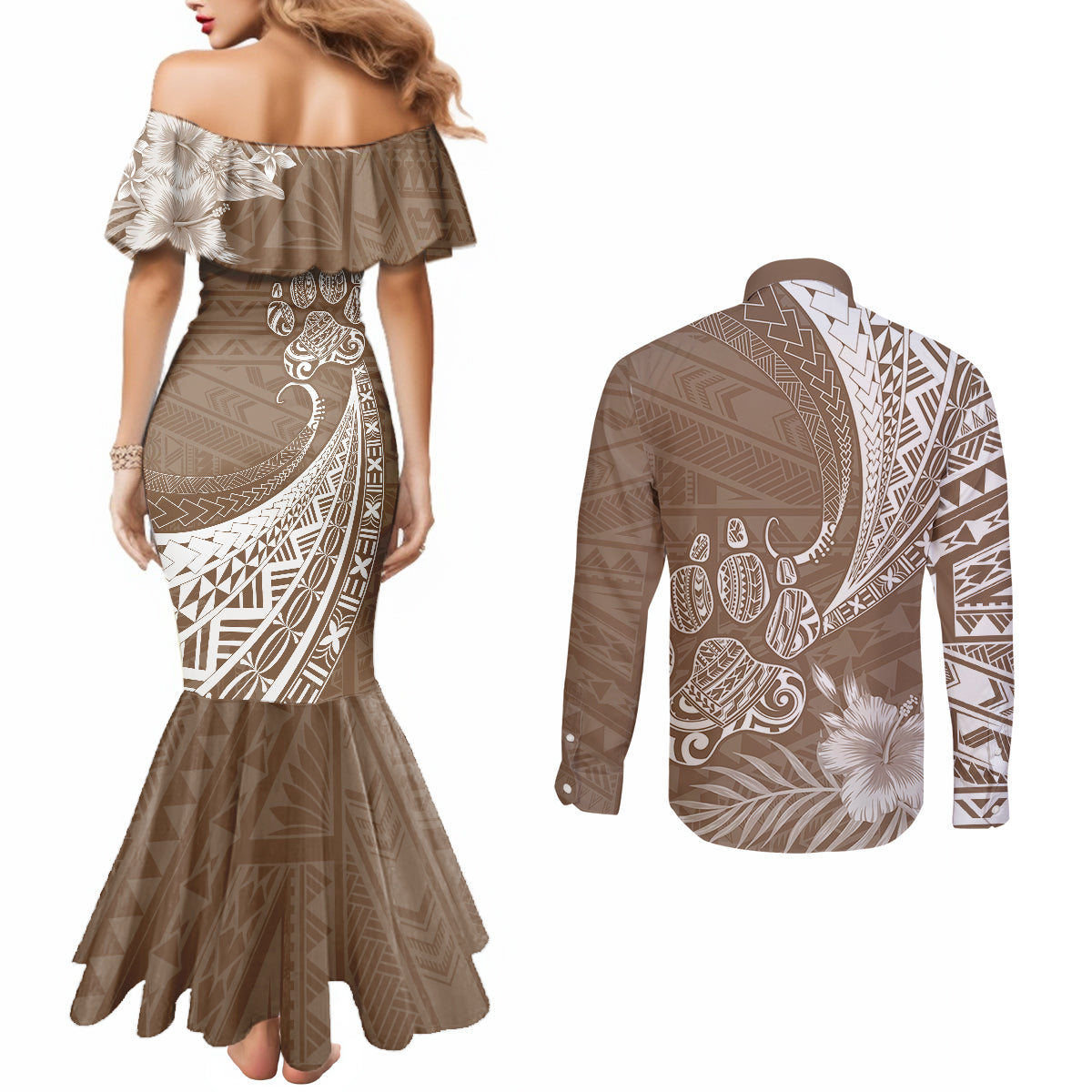 personalised-polynesian-pacific-bulldog-couples-matching-mermaid-dress-and-long-sleeve-button-shirts-with-brown-hawaii-tribal-tattoo-patterns