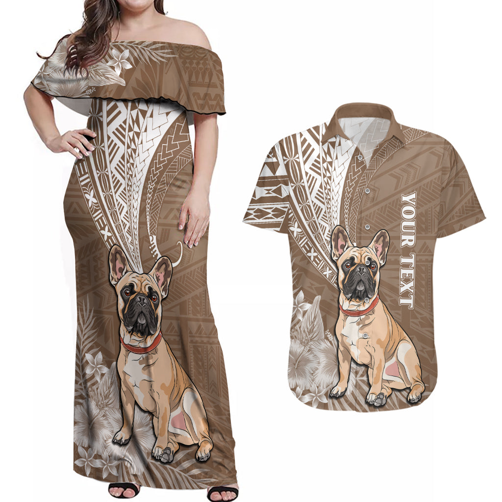Personalised Polynesian Pacific Bulldog Couples Matching Off Shoulder Maxi Dress and Hawaiian Shirt With Brown Hawaii Tribal Tattoo Patterns LT7 - Wonder Print Shop