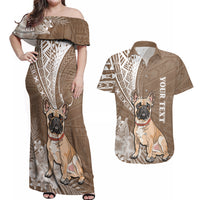 Personalised Polynesian Pacific Bulldog Couples Matching Off Shoulder Maxi Dress and Hawaiian Shirt With Brown Hawaii Tribal Tattoo Patterns LT7 - Wonder Print Shop
