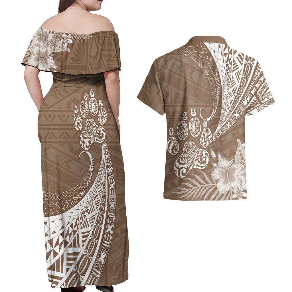 Personalised Polynesian Pacific Bulldog Couples Matching Off Shoulder Maxi Dress and Hawaiian Shirt With Brown Hawaii Tribal Tattoo Patterns LT7 - Wonder Print Shop