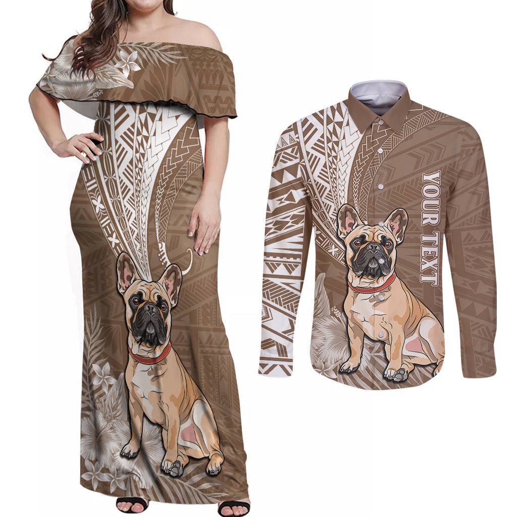 Personalised Polynesian Pacific Bulldog Couples Matching Off Shoulder Maxi Dress and Long Sleeve Button Shirts With Brown Hawaii Tribal Tattoo Patterns LT7 - Wonder Print Shop