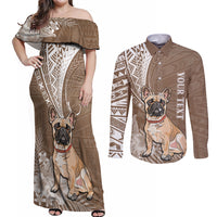 Personalised Polynesian Pacific Bulldog Couples Matching Off Shoulder Maxi Dress and Long Sleeve Button Shirts With Brown Hawaii Tribal Tattoo Patterns LT7 - Wonder Print Shop