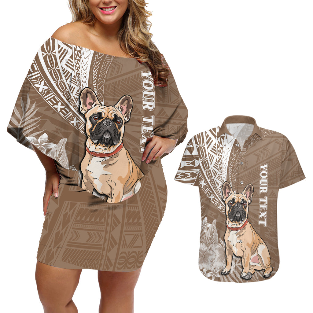 Personalised Polynesian Pacific Bulldog Couples Matching Off Shoulder Short Dress and Hawaiian Shirt With Brown Hawaii Tribal Tattoo Patterns LT7 - Wonder Print Shop