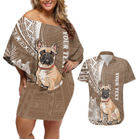 Personalised Polynesian Pacific Bulldog Couples Matching Off Shoulder Short Dress and Hawaiian Shirt With Brown Hawaii Tribal Tattoo Patterns LT7 - Wonder Print Shop