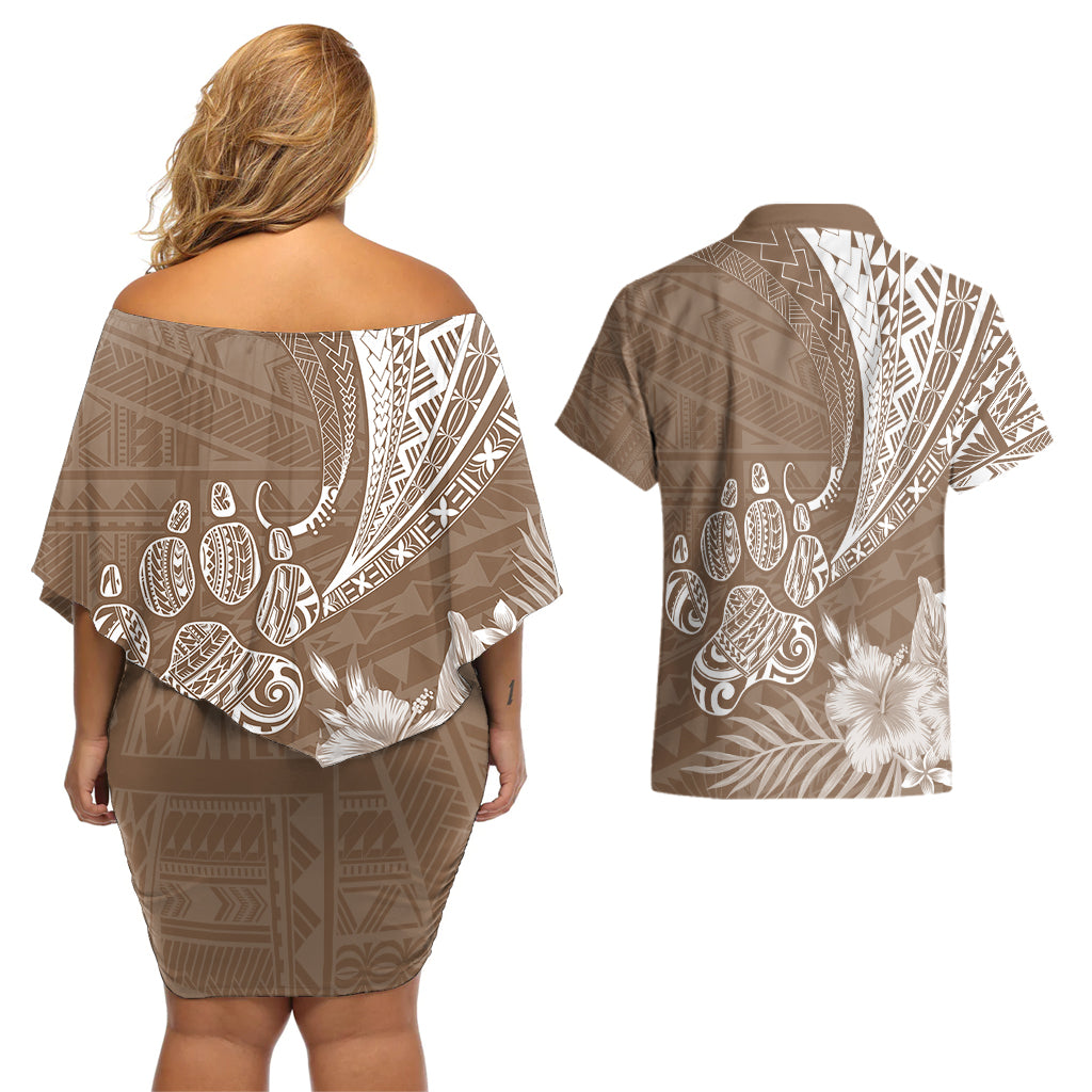 Personalised Polynesian Pacific Bulldog Couples Matching Off Shoulder Short Dress and Hawaiian Shirt With Brown Hawaii Tribal Tattoo Patterns LT7 - Wonder Print Shop