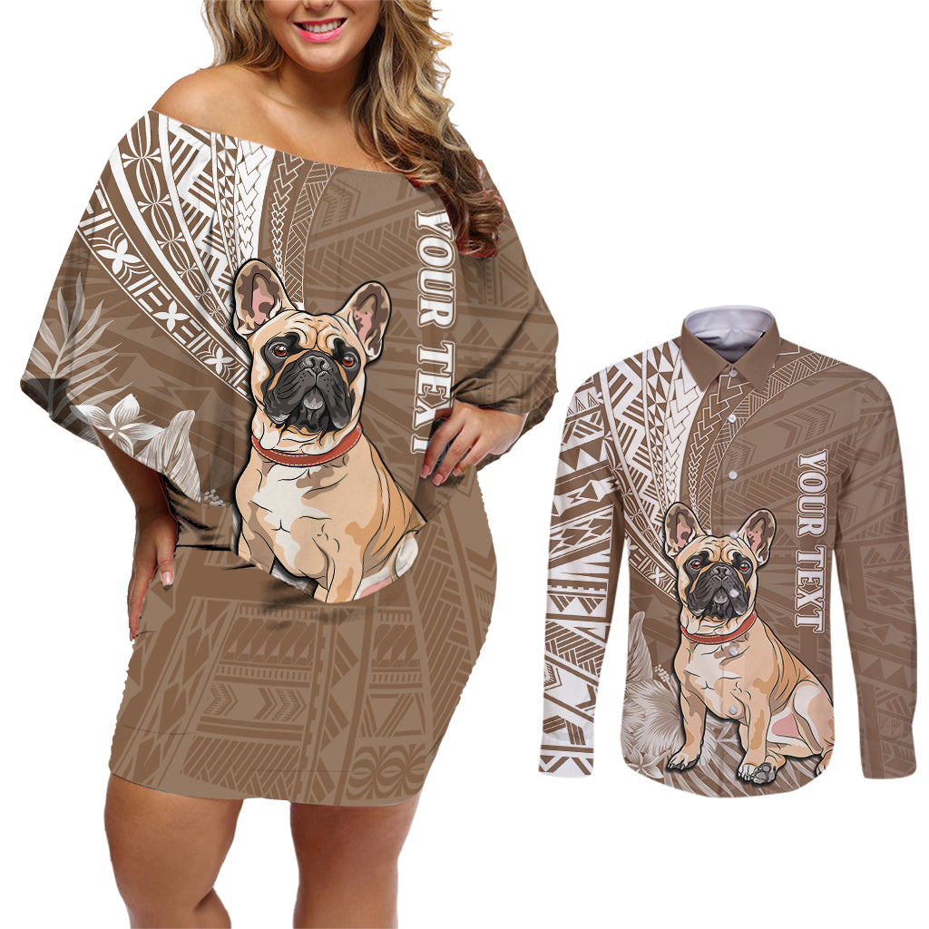 Personalised Polynesian Pacific Bulldog Couples Matching Off Shoulder Short Dress and Long Sleeve Button Shirts With Brown Hawaii Tribal Tattoo Patterns LT7 - Wonder Print Shop