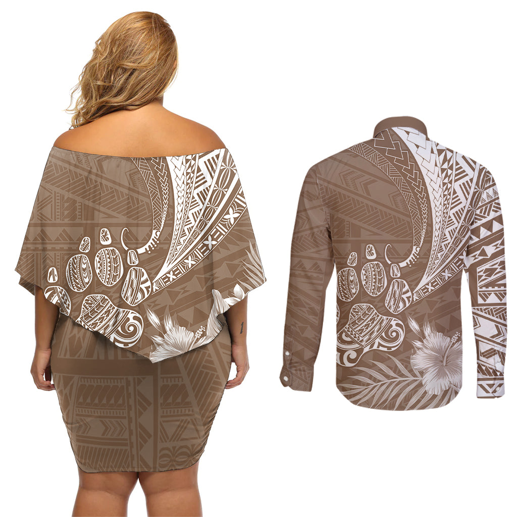 Personalised Polynesian Pacific Bulldog Couples Matching Off Shoulder Short Dress and Long Sleeve Button Shirts With Brown Hawaii Tribal Tattoo Patterns LT7 - Wonder Print Shop