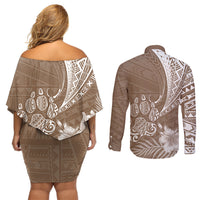 Personalised Polynesian Pacific Bulldog Couples Matching Off Shoulder Short Dress and Long Sleeve Button Shirts With Brown Hawaii Tribal Tattoo Patterns LT7 - Wonder Print Shop