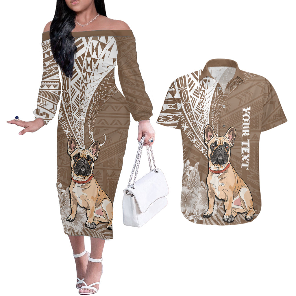 Personalised Polynesian Pacific Bulldog Couples Matching Off The Shoulder Long Sleeve Dress and Hawaiian Shirt With Brown Hawaii Tribal Tattoo Patterns LT7 - Wonder Print Shop