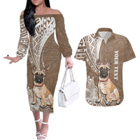 Personalised Polynesian Pacific Bulldog Couples Matching Off The Shoulder Long Sleeve Dress and Hawaiian Shirt With Brown Hawaii Tribal Tattoo Patterns LT7 - Wonder Print Shop