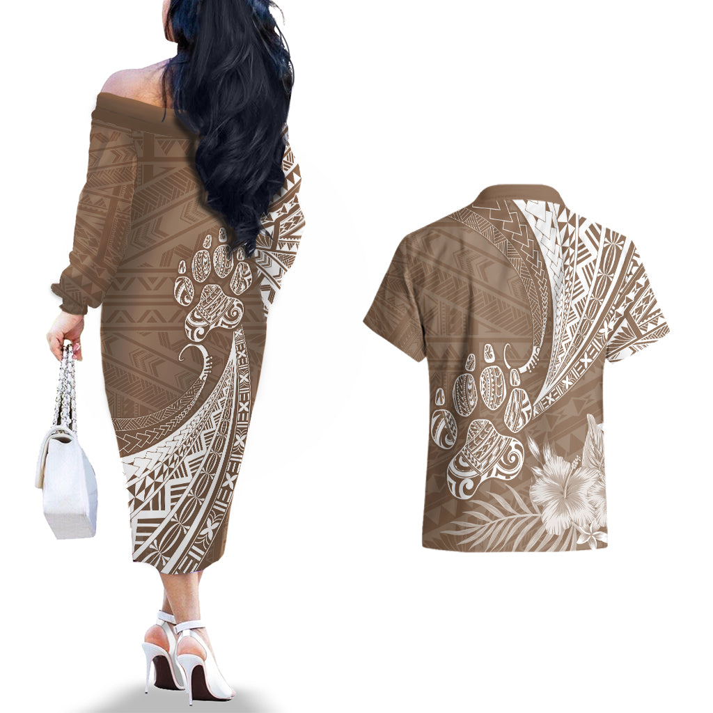 Personalised Polynesian Pacific Bulldog Couples Matching Off The Shoulder Long Sleeve Dress and Hawaiian Shirt With Brown Hawaii Tribal Tattoo Patterns LT7 - Wonder Print Shop
