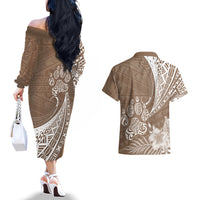 Personalised Polynesian Pacific Bulldog Couples Matching Off The Shoulder Long Sleeve Dress and Hawaiian Shirt With Brown Hawaii Tribal Tattoo Patterns LT7 - Wonder Print Shop