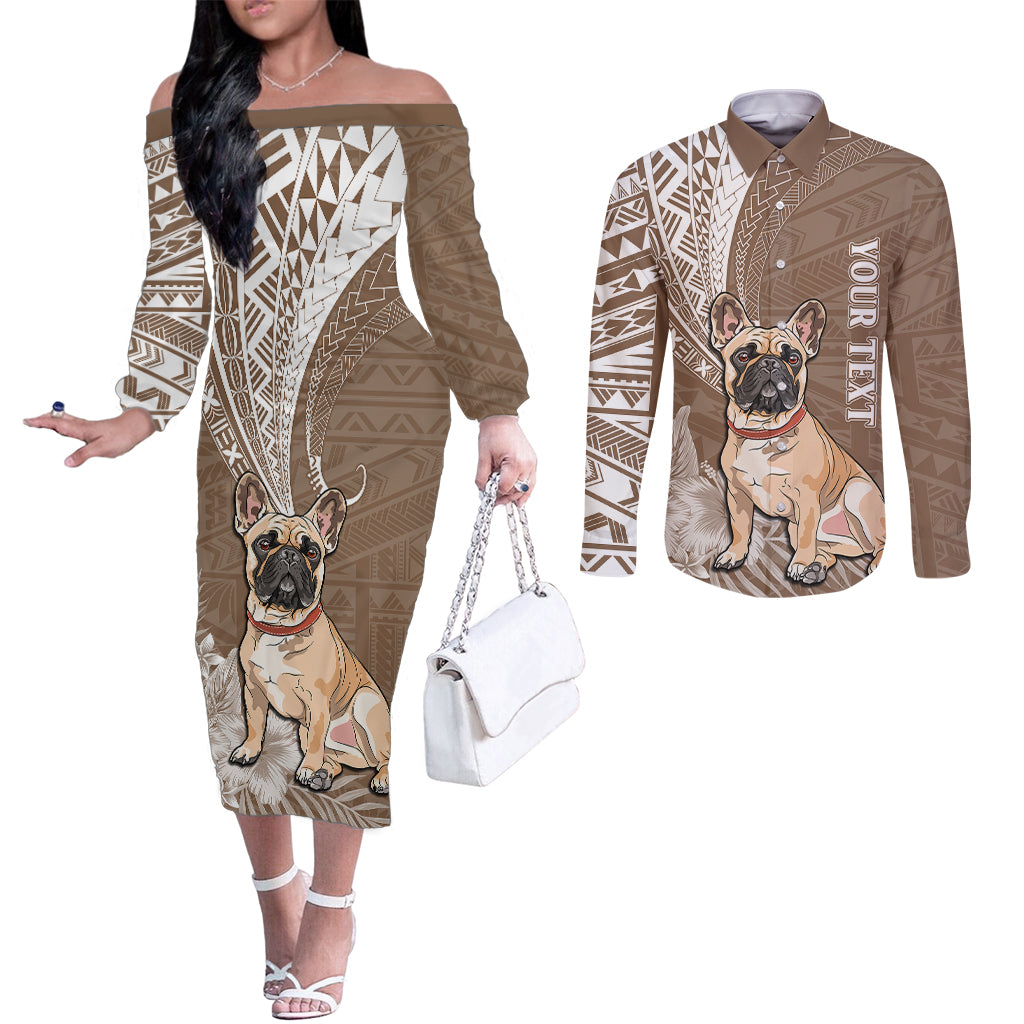 personalised-polynesian-pacific-bulldog-couples-matching-off-the-shoulder-long-sleeve-dress-and-long-sleeve-button-shirts-with-brown-hawaii-tribal-tattoo-patterns