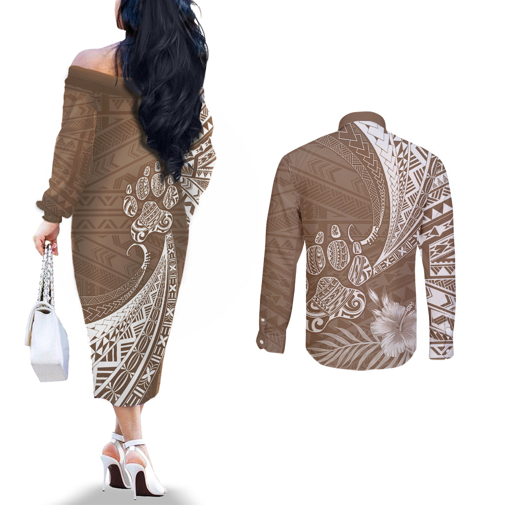 personalised-polynesian-pacific-bulldog-couples-matching-off-the-shoulder-long-sleeve-dress-and-long-sleeve-button-shirts-with-brown-hawaii-tribal-tattoo-patterns