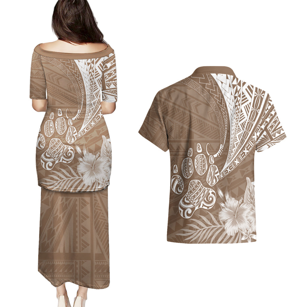 Personalised Polynesian Pacific Bulldog Couples Matching Puletasi Dress and Hawaiian Shirt With Brown Hawaii Tribal Tattoo Patterns LT7 - Wonder Print Shop