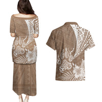 Personalised Polynesian Pacific Bulldog Couples Matching Puletasi Dress and Hawaiian Shirt With Brown Hawaii Tribal Tattoo Patterns LT7 - Wonder Print Shop