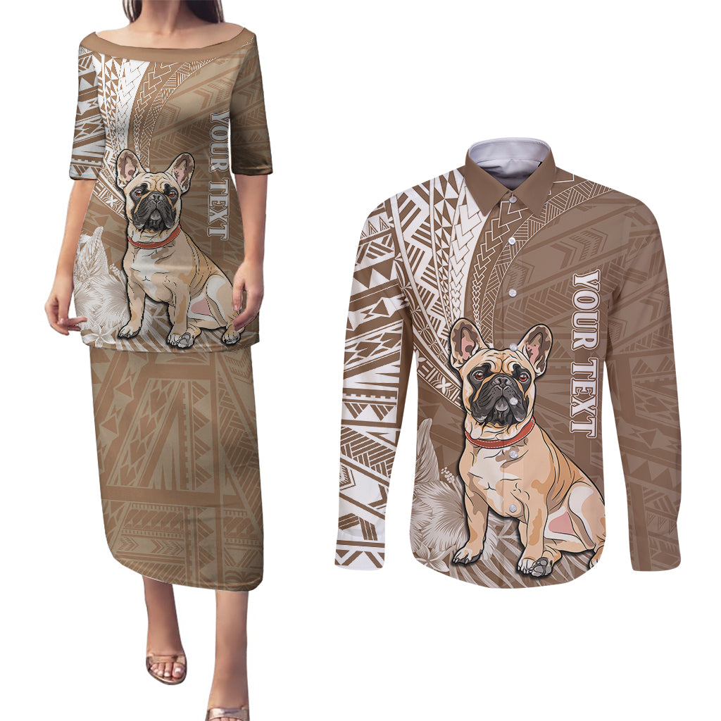 Personalised Polynesian Pacific Bulldog Couples Matching Puletasi Dress and Long Sleeve Button Shirts With Brown Hawaii Tribal Tattoo Patterns LT7 - Wonder Print Shop