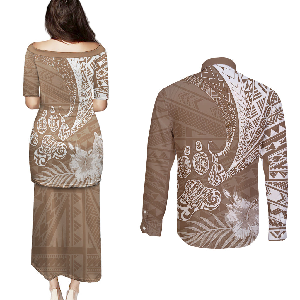 Personalised Polynesian Pacific Bulldog Couples Matching Puletasi Dress and Long Sleeve Button Shirts With Brown Hawaii Tribal Tattoo Patterns LT7 - Wonder Print Shop