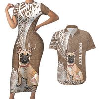 Personalised Polynesian Pacific Bulldog Couples Matching Short Sleeve Bodycon Dress and Hawaiian Shirt With Brown Hawaii Tribal Tattoo Patterns LT7 - Wonder Print Shop