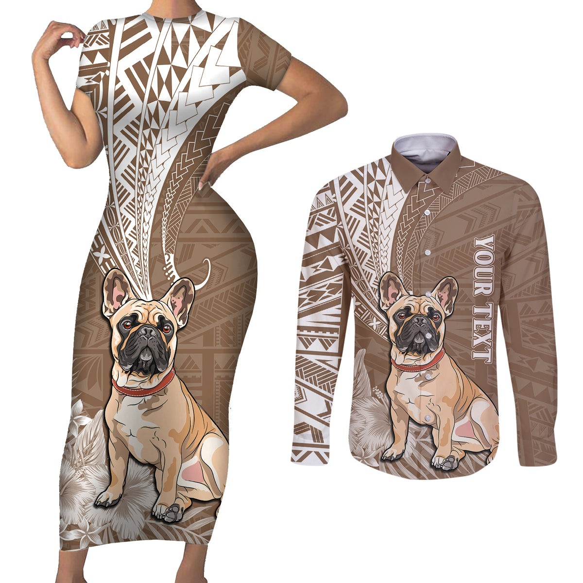 Personalised Polynesian Pacific Bulldog Couples Matching Short Sleeve Bodycon Dress and Long Sleeve Button Shirts With Brown Hawaii Tribal Tattoo Patterns LT7 - Wonder Print Shop