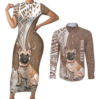 Personalised Polynesian Pacific Bulldog Couples Matching Short Sleeve Bodycon Dress and Long Sleeve Button Shirts With Brown Hawaii Tribal Tattoo Patterns LT7 - Wonder Print Shop