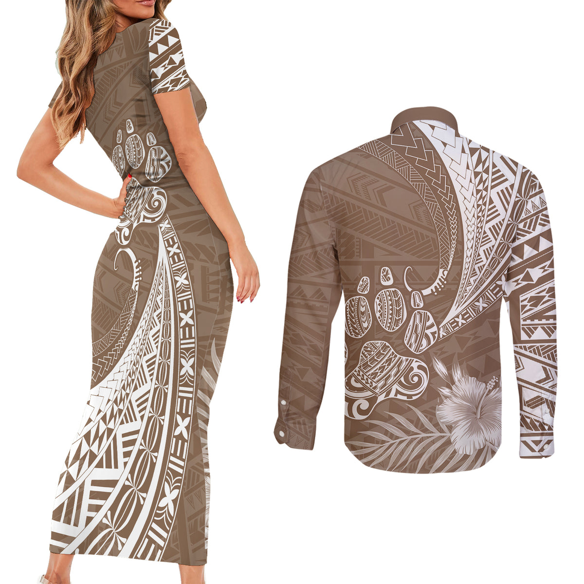Personalised Polynesian Pacific Bulldog Couples Matching Short Sleeve Bodycon Dress and Long Sleeve Button Shirts With Brown Hawaii Tribal Tattoo Patterns LT7 - Wonder Print Shop