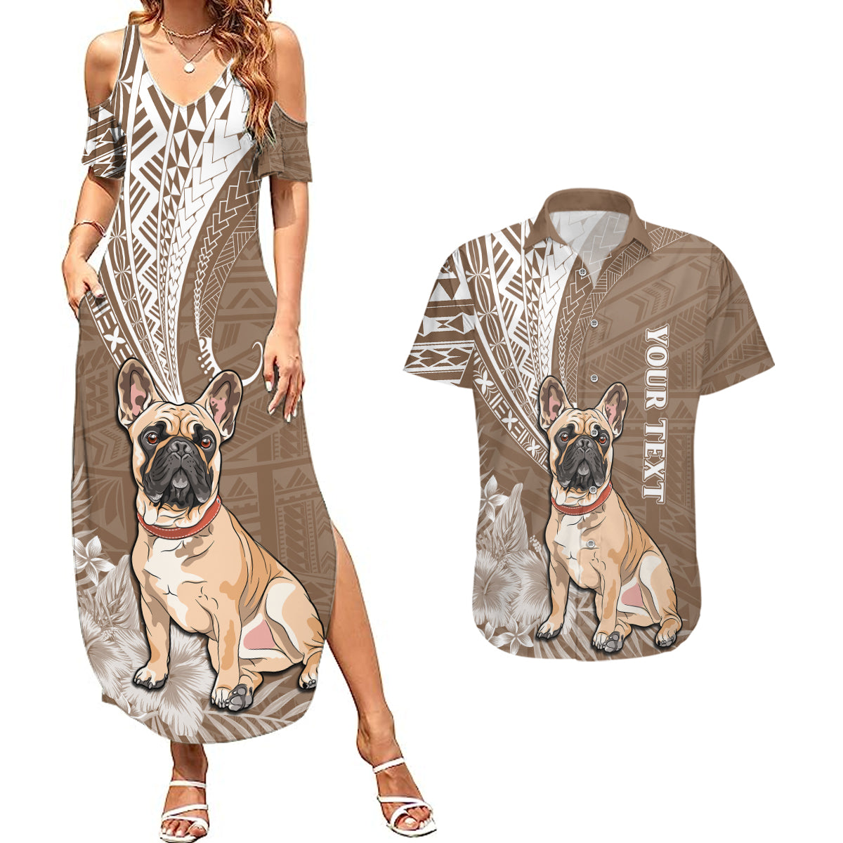 Personalised Polynesian Pacific Bulldog Couples Matching Summer Maxi Dress and Hawaiian Shirt With Brown Hawaii Tribal Tattoo Patterns LT7 - Wonder Print Shop