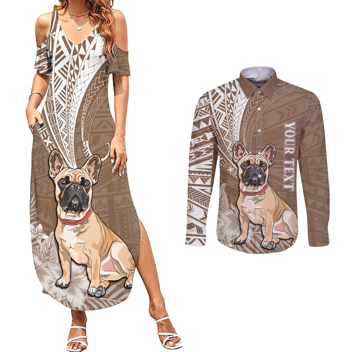 Personalised Polynesian Pacific Bulldog Couples Matching Summer Maxi Dress and Long Sleeve Button Shirts With Brown Hawaii Tribal Tattoo Patterns LT7 - Wonder Print Shop