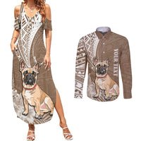Personalised Polynesian Pacific Bulldog Couples Matching Summer Maxi Dress and Long Sleeve Button Shirts With Brown Hawaii Tribal Tattoo Patterns LT7 - Wonder Print Shop