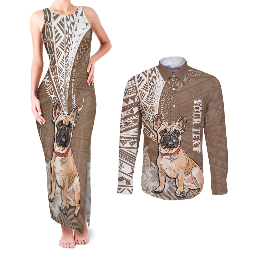 Personalised Polynesian Pacific Bulldog Couples Matching Tank Maxi Dress and Long Sleeve Button Shirts With Brown Hawaii Tribal Tattoo Patterns LT7 - Wonder Print Shop