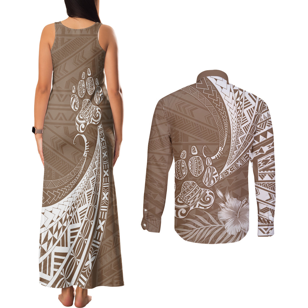 Personalised Polynesian Pacific Bulldog Couples Matching Tank Maxi Dress and Long Sleeve Button Shirts With Brown Hawaii Tribal Tattoo Patterns LT7 - Wonder Print Shop
