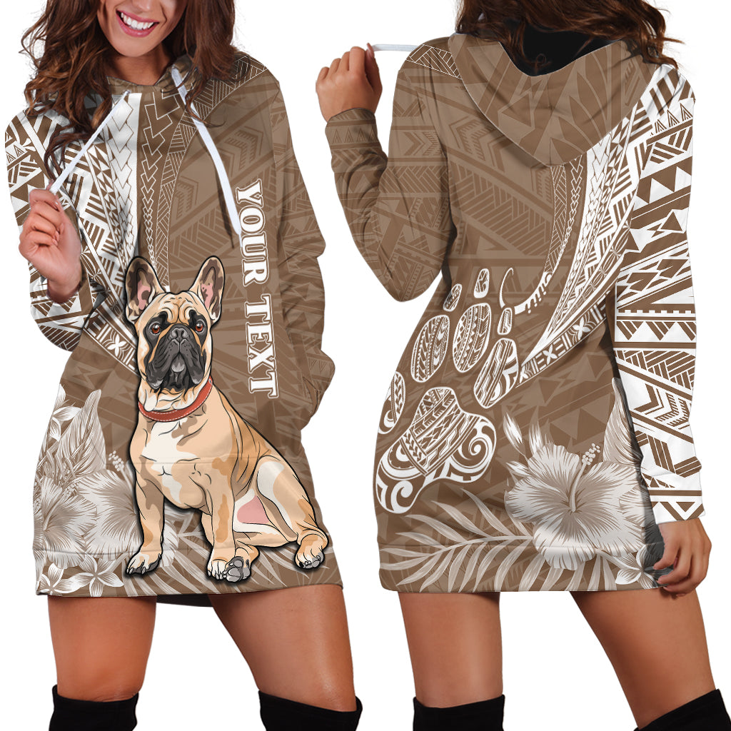 Personalised Polynesian Pacific Bulldog Hoodie Dress With Brown Hawaii Tribal Tattoo Patterns - Wonder Print Shop