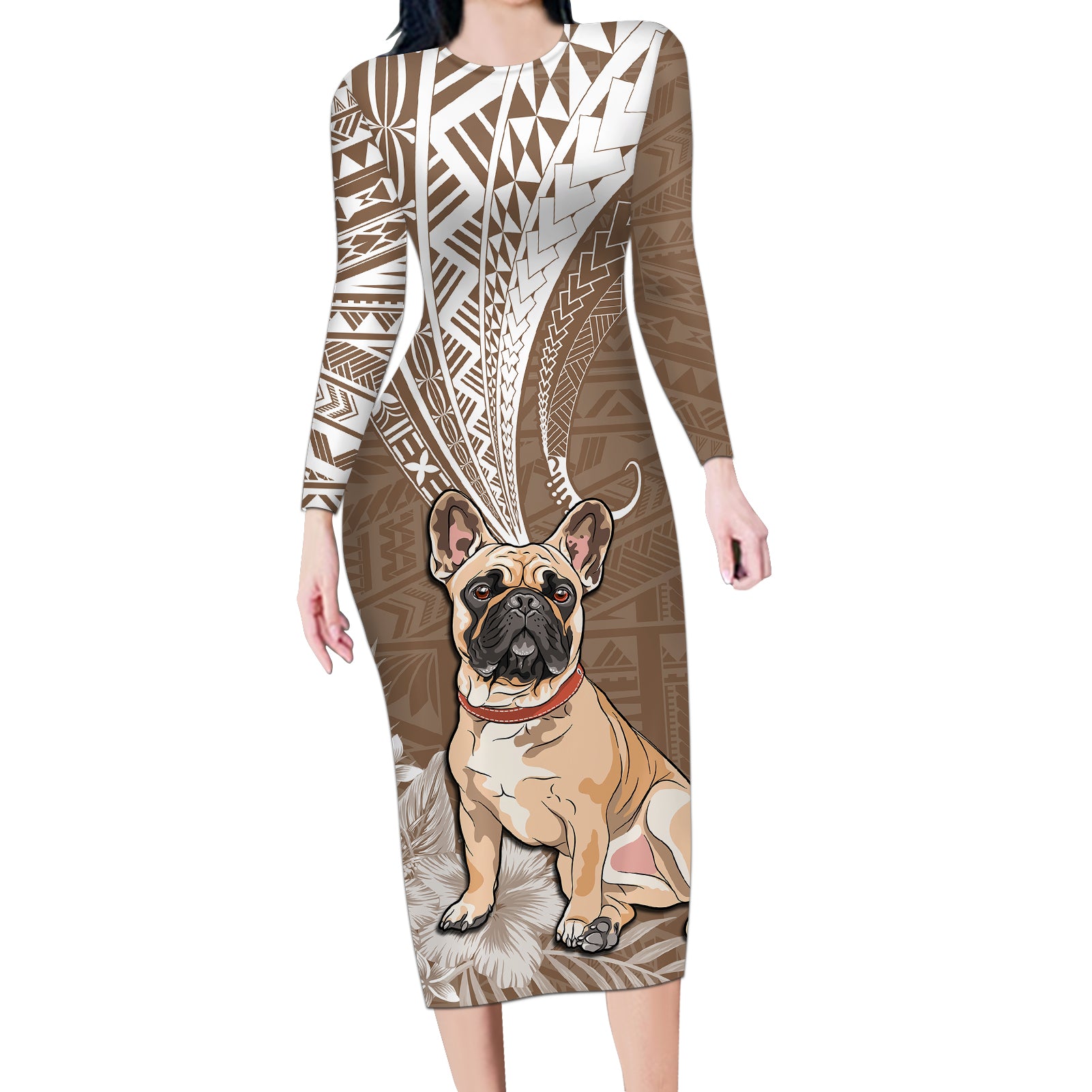 Personalised Polynesian Pacific Bulldog Long Sleeve Bodycon Dress With Brown Hawaii Tribal Tattoo Patterns - Wonder Print Shop
