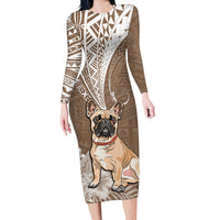 Personalised Polynesian Pacific Bulldog Long Sleeve Bodycon Dress With Brown Hawaii Tribal Tattoo Patterns - Wonder Print Shop