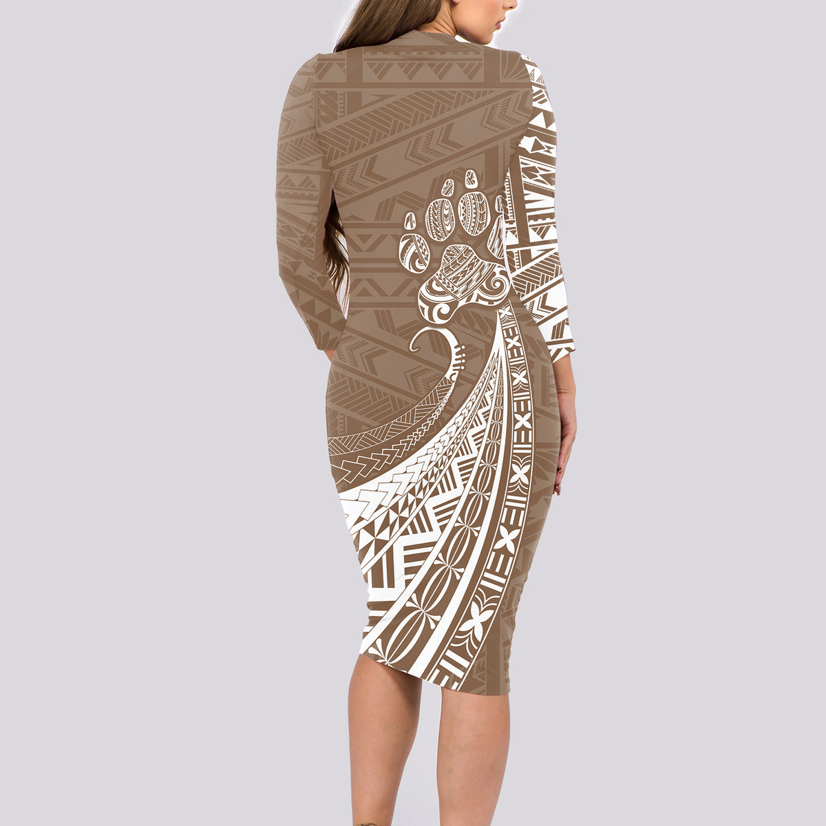 Personalised Polynesian Pacific Bulldog Long Sleeve Bodycon Dress With Brown Hawaii Tribal Tattoo Patterns - Wonder Print Shop