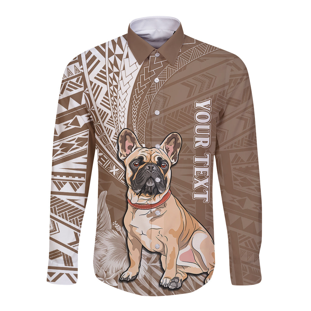 Personalised Polynesian Pacific Bulldog Long Sleeve Button Shirt With Brown Hawaii Tribal Tattoo Patterns - Wonder Print Shop